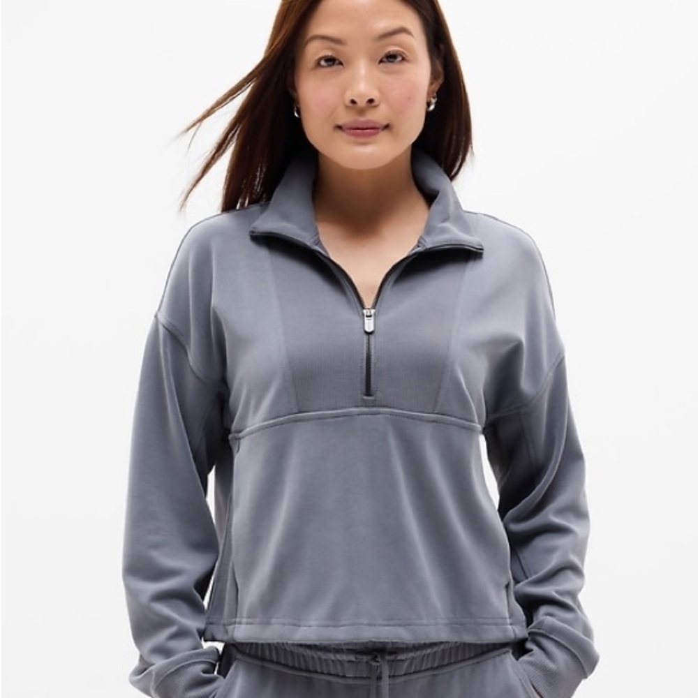 Small Petite Comfy Athleta Seasoft Rib 1/4 Zip Popover in Bluish/Gray